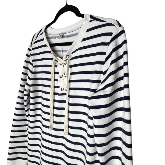 Old Navy Striped Lace-Up Sweatshirt Dress M Navy Cream Sailor Nautical Academia - Picture 2 of 7